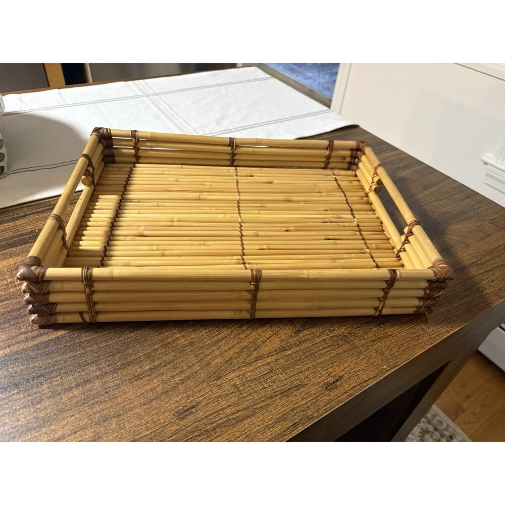 Vintage Bamboo Rattan Serving Tray 15.5” Square Boho Coastal Decor